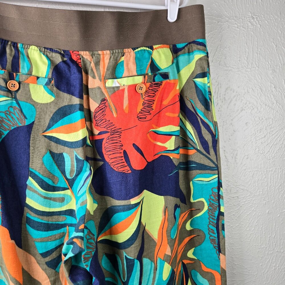 Soft Surroundings Wide Leg Linen Pants XL Tropical Print High Waisted Pull On - Picture 12 of 13